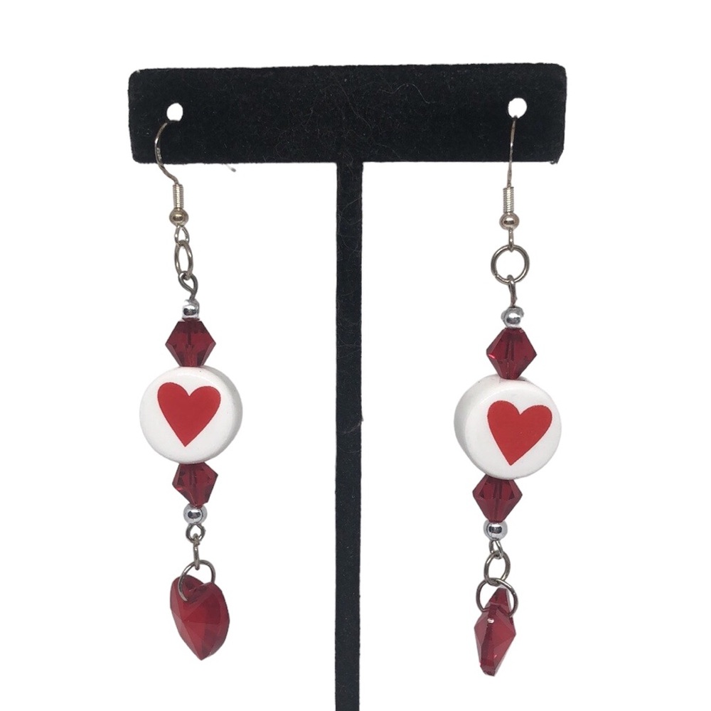 🟢 Ceramic Red Heart Bead With A Red Heart Charm Dangling Earrings
